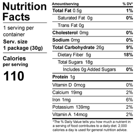 Dehydrated blueberries nutrition label