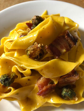 Pasta Carbonara with Dehydrated Brussels Sprouts